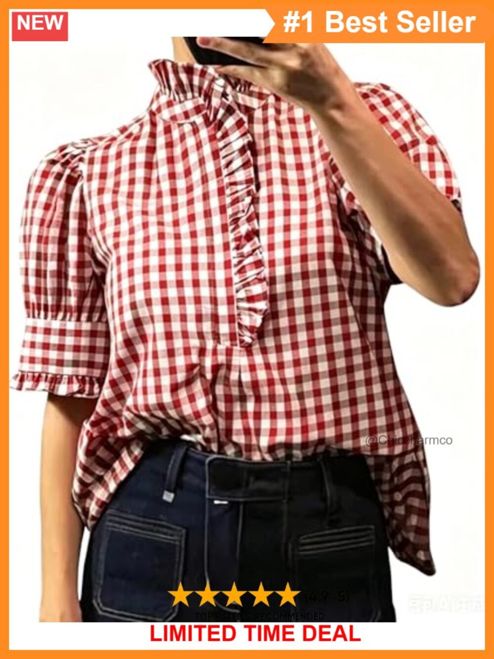 Women's Plaid Puff Short Sleeve Button Down Blouse Ruffle Gingham Work Top